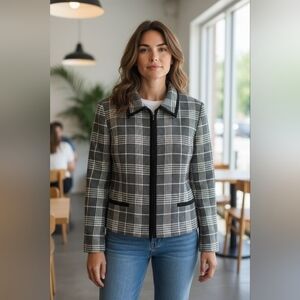 Vintage Ann Taylor Plaid Jacket Blazer Size 8 Wool Blend Velvet Trim Zip Front